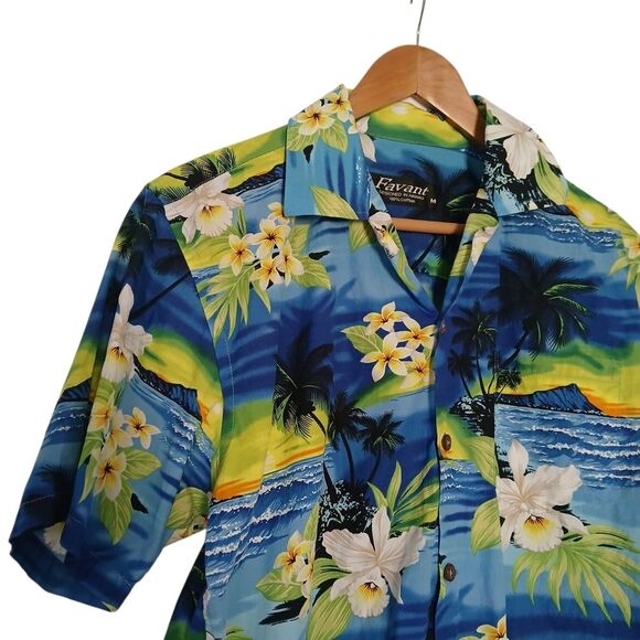 Favant Blue Hawaiian Shirt for Men Vibrant Floral Tropical Short Sleeve Medium - Picture 2 of 10